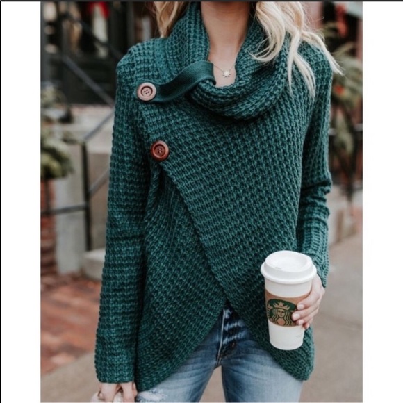 Sweaters - Green Turtleneck Asymmetrical Wrap Sweater